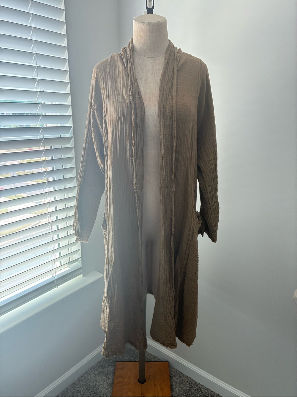 Namsar Women's Cotton Gauze Raw Edge Textured Taupe Duster Sweater